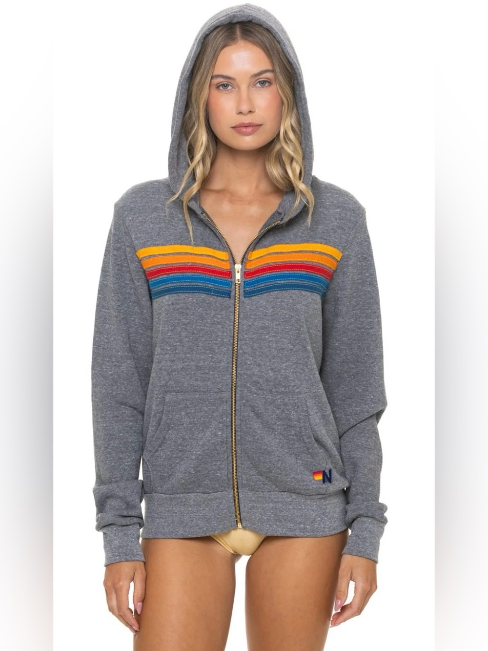 Aviator Nation 5 Stripe Full Zipper Hoodie Heather Grey Size XS Unisex New